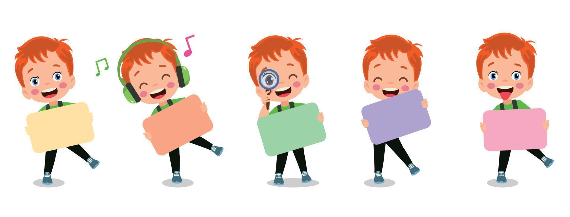 Kids holding banners. Vector boy and girl with empty banner, illustration cartoon school kid and board for text