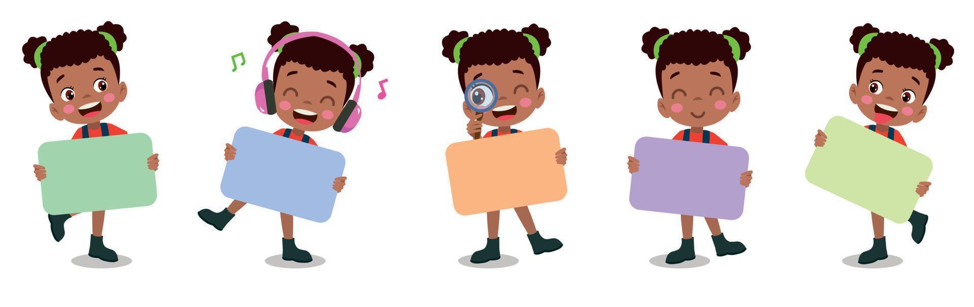 Kids holding banners. Vector boy and girl with empty banner, illustration cartoon school kid and board for text