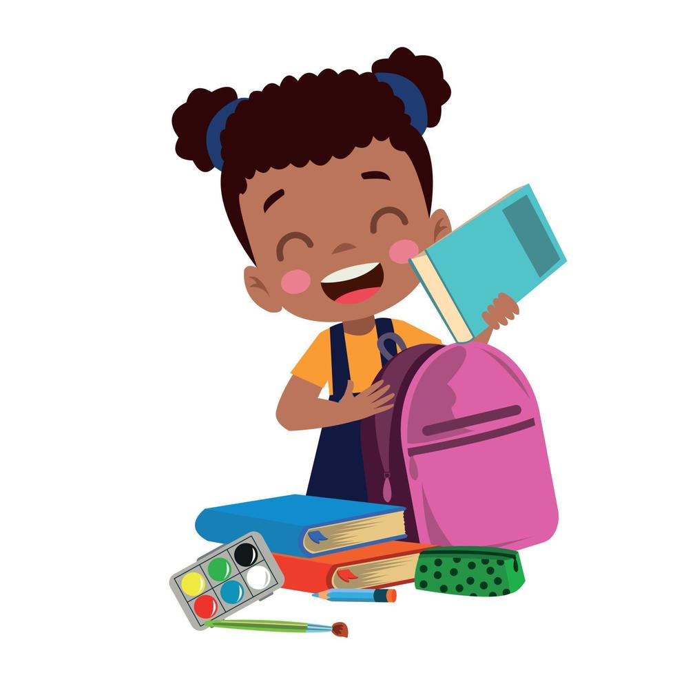 niño lindo feliz preparar la bolsa para la escuela vector