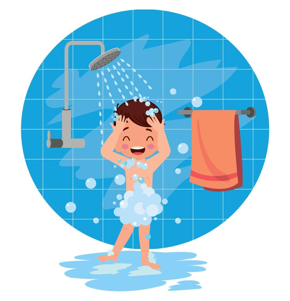 little kid take a shower and wash body vector