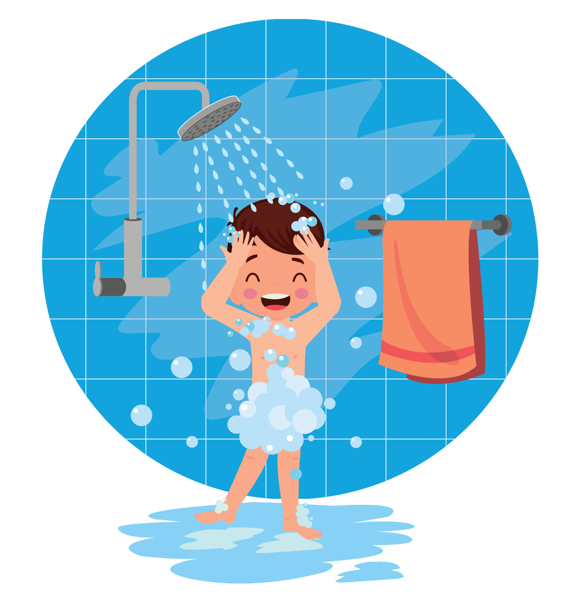 little kid take a shower and wash body 15632584 Vector Art at Vecteezy