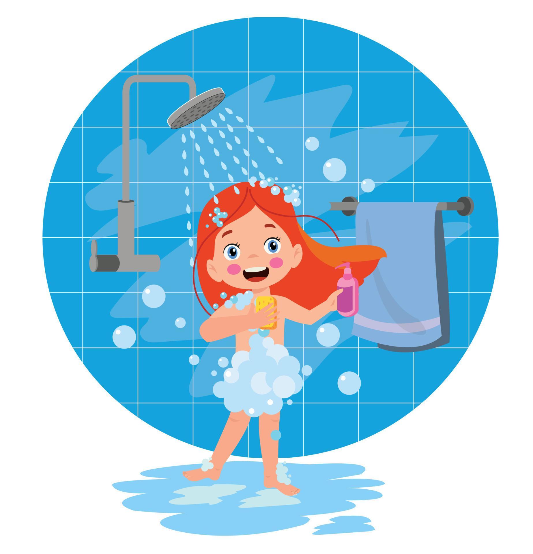 little kid take a shower and wash body 15632586 Vector Art at Vecteezy