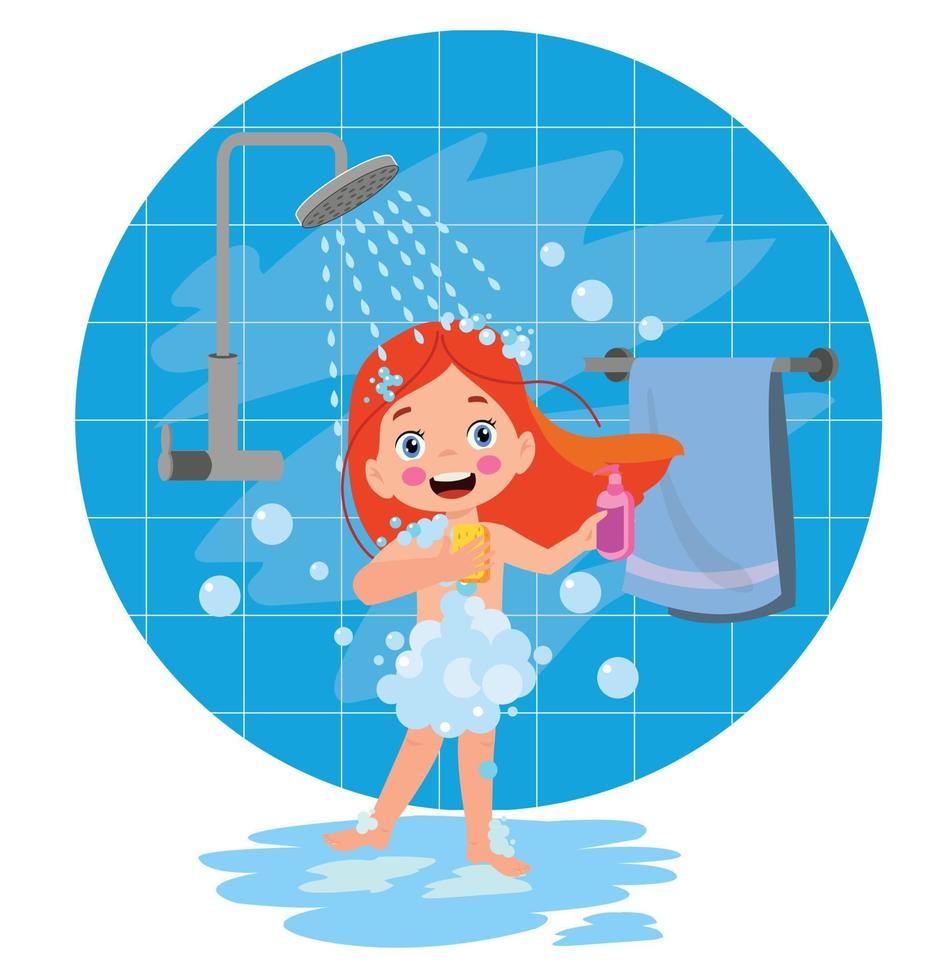 little kid take a shower and wash body vector