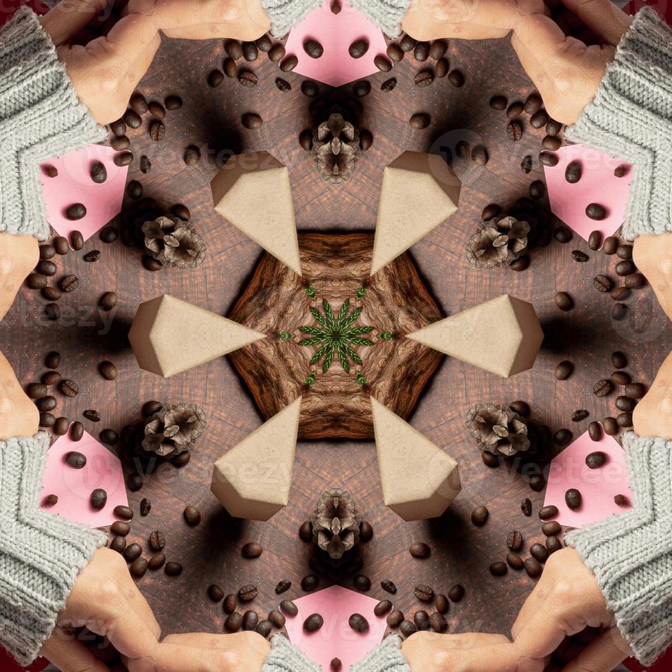 Abstract kaleidoscope background with square dimensions. Beautiful multicolor kaleidoscope texture.  with a brown base color with a little extra pink, green and red photo