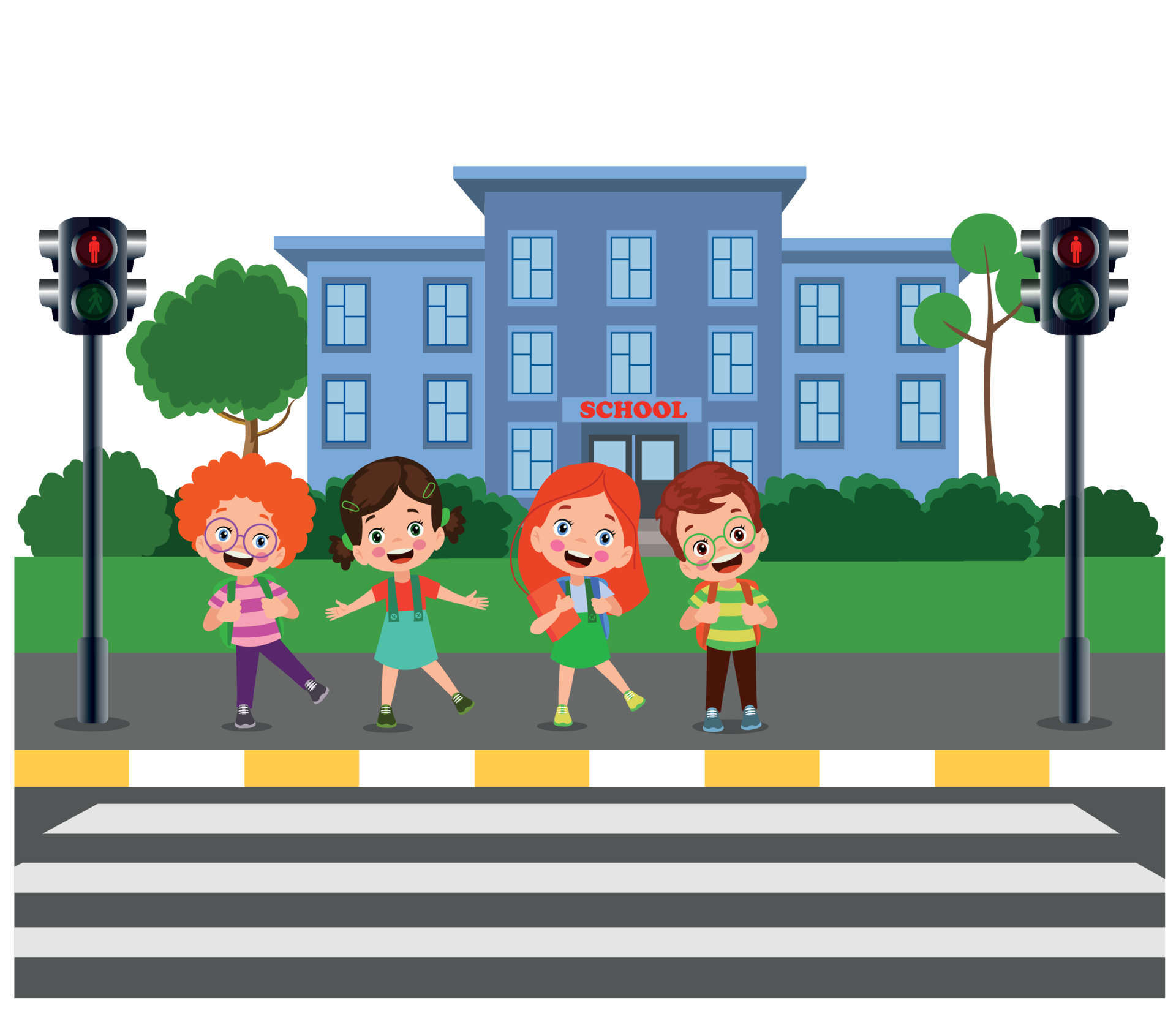 Cute school kids with backpacks waiting for stop sign at pedestrian traffic  light to cross at pedestrian crossing on their way to school 15632659  Vector Art at Vecteezy