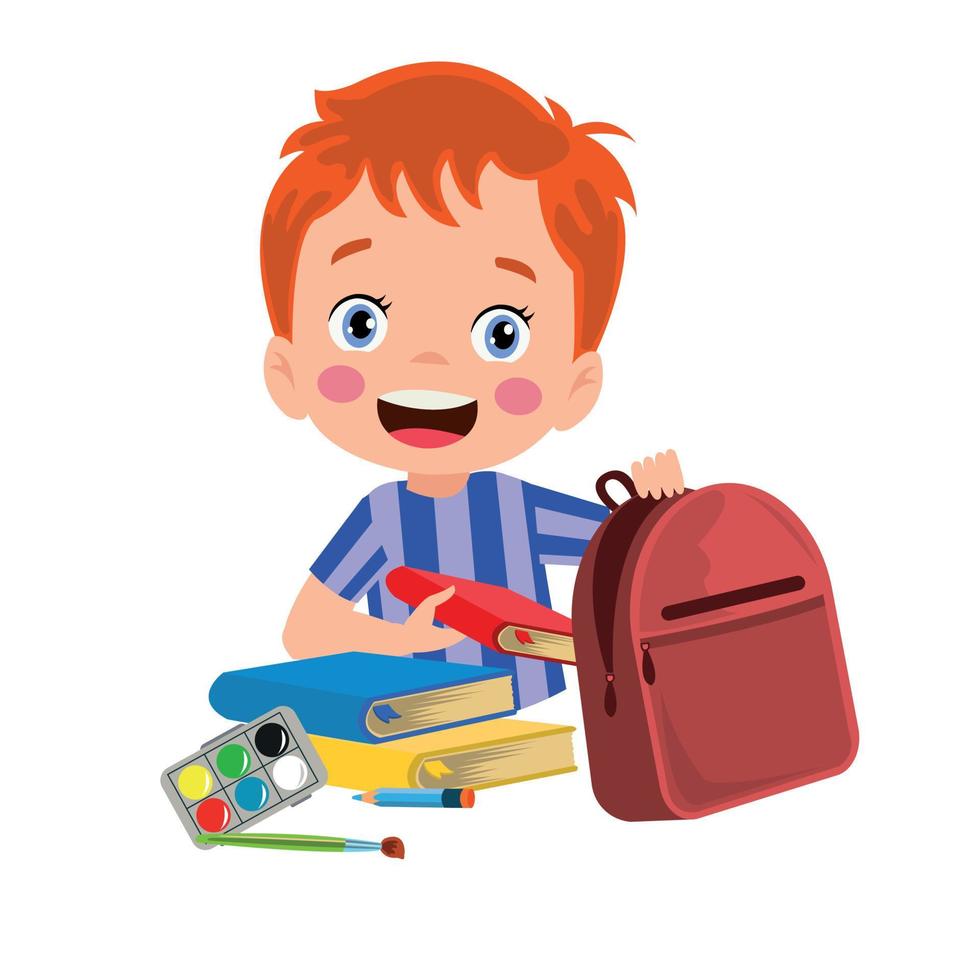 happy cute kid boy prepare bag for school vector