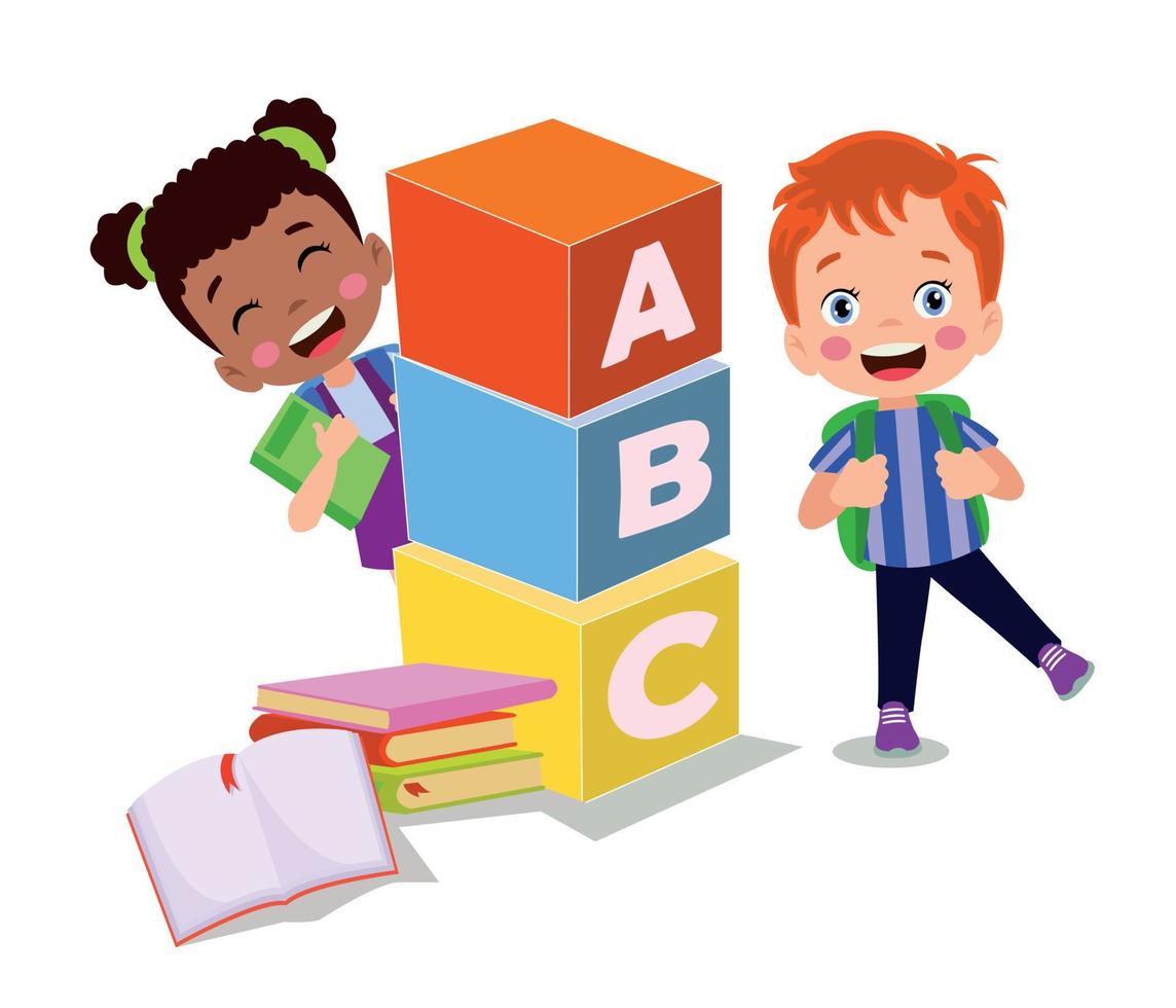 ilustración vectorial de niños lindos con bloques abc, letras abc vector