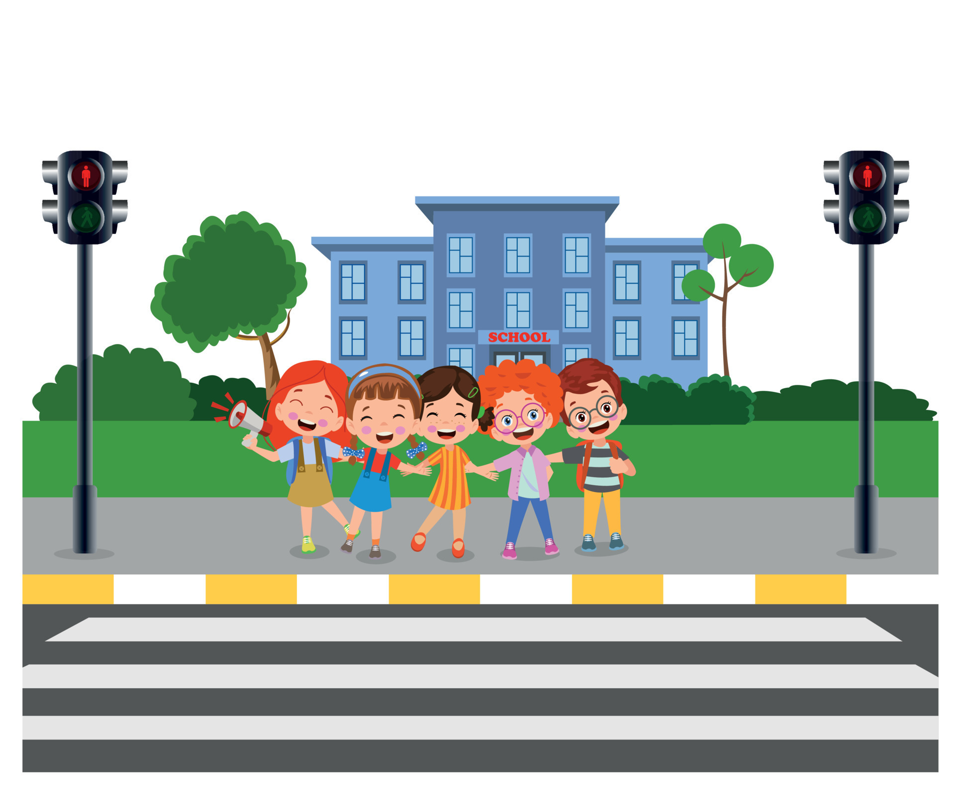 School children cross road on pedestrian crossing Vector Image