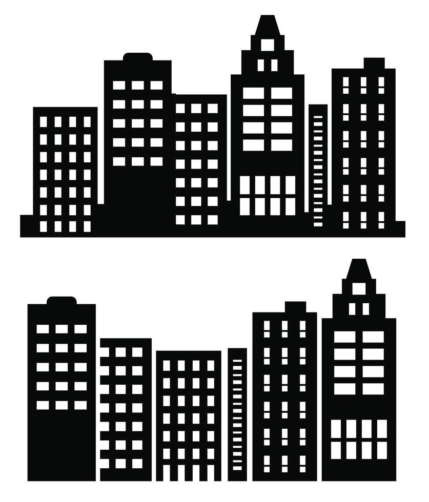 City buildings silhouette different construction vector set illustrations isolated on white background. Black in flat silhouettes of skyscrapers and low-rise buildings. Architectural constructions set
