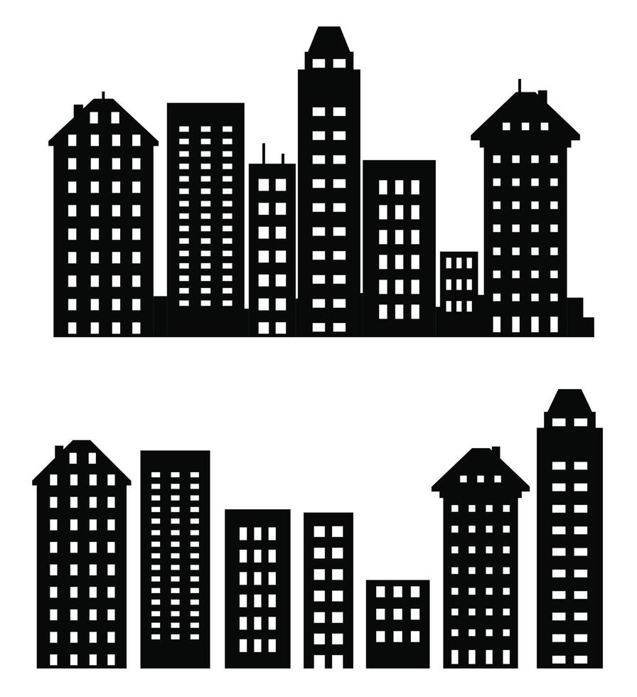 A flat black skyscraper and low-rise building silhouette set of vector illustrations of city buildings in silhouettes