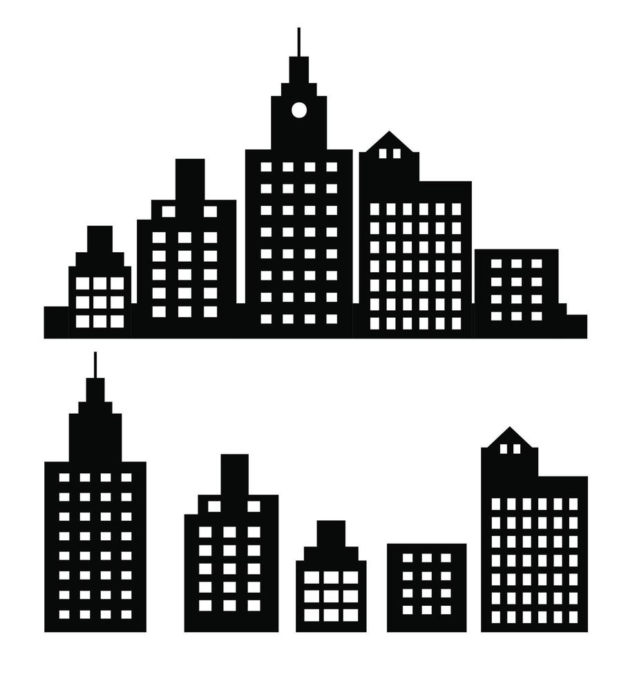 A flat black skyscraper and low-rise building silhouette vector