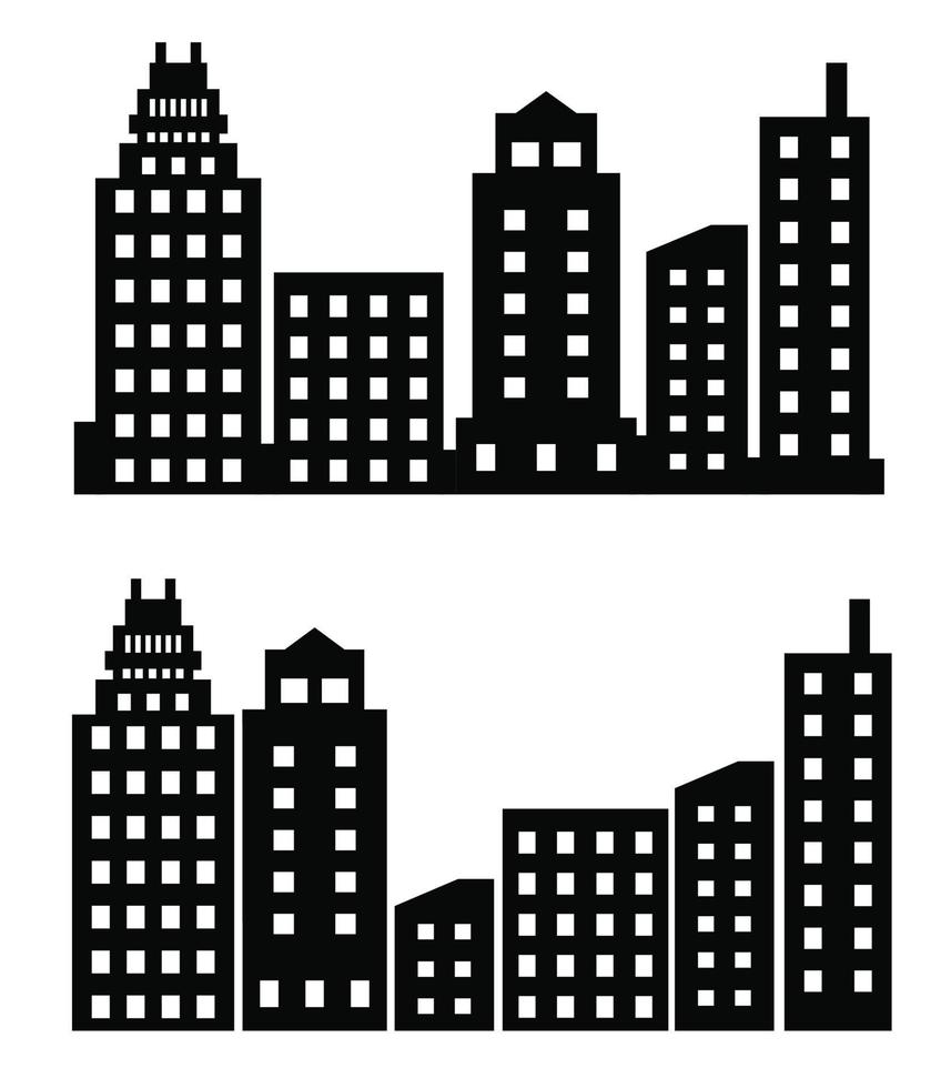 On a white background, a vector set of illustrations of city buildings in silhouettes under various constructions. Skyscraper and low-rise building silhouettes in flat black. Set up architectural