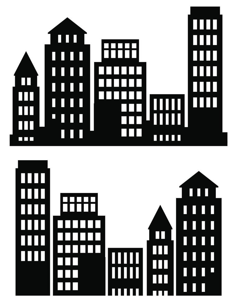 On a white background, a vector flat set of illustrations of architecture city buildings in silhouettes under various constructions