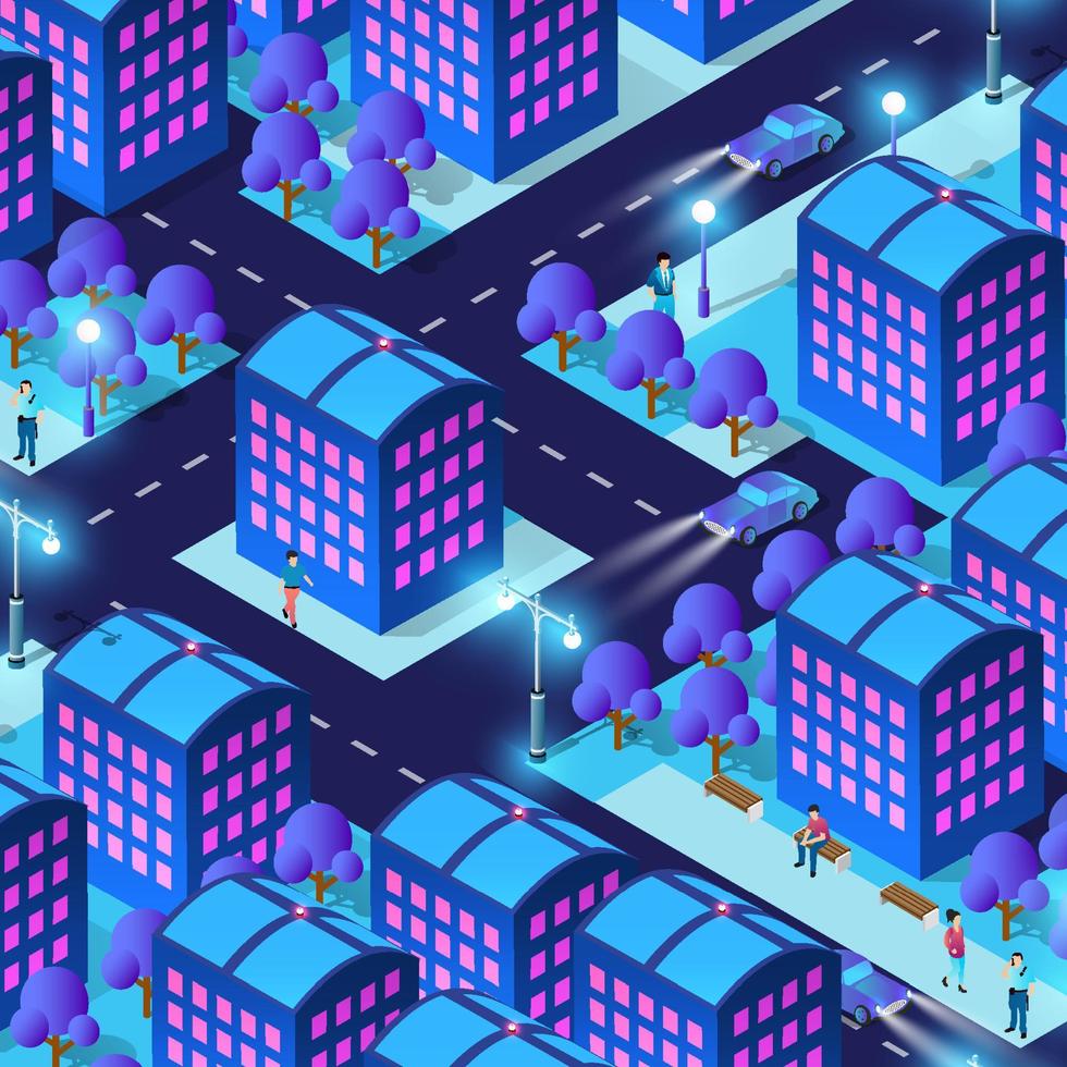City future smart urban Isometric night lights architecture 3D illustration technology town street with a lot of building houses vector