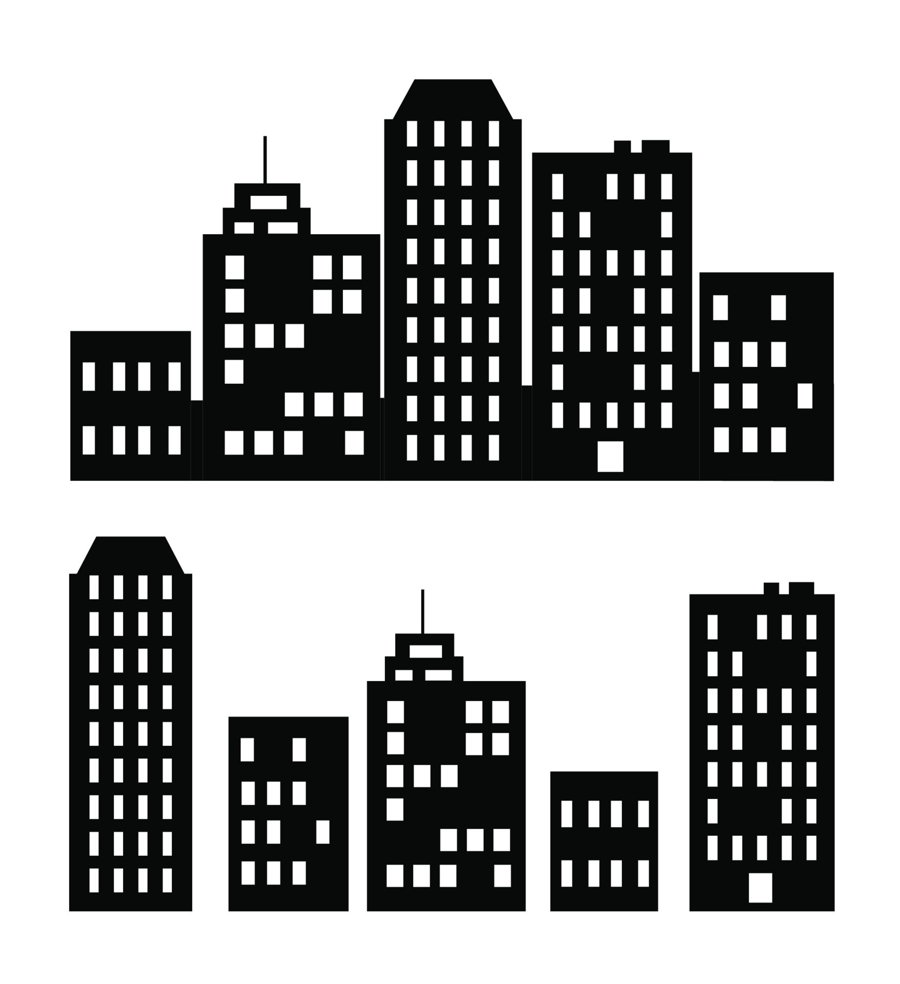 A flat black skyscraper and lowrise building silhouette set of vector