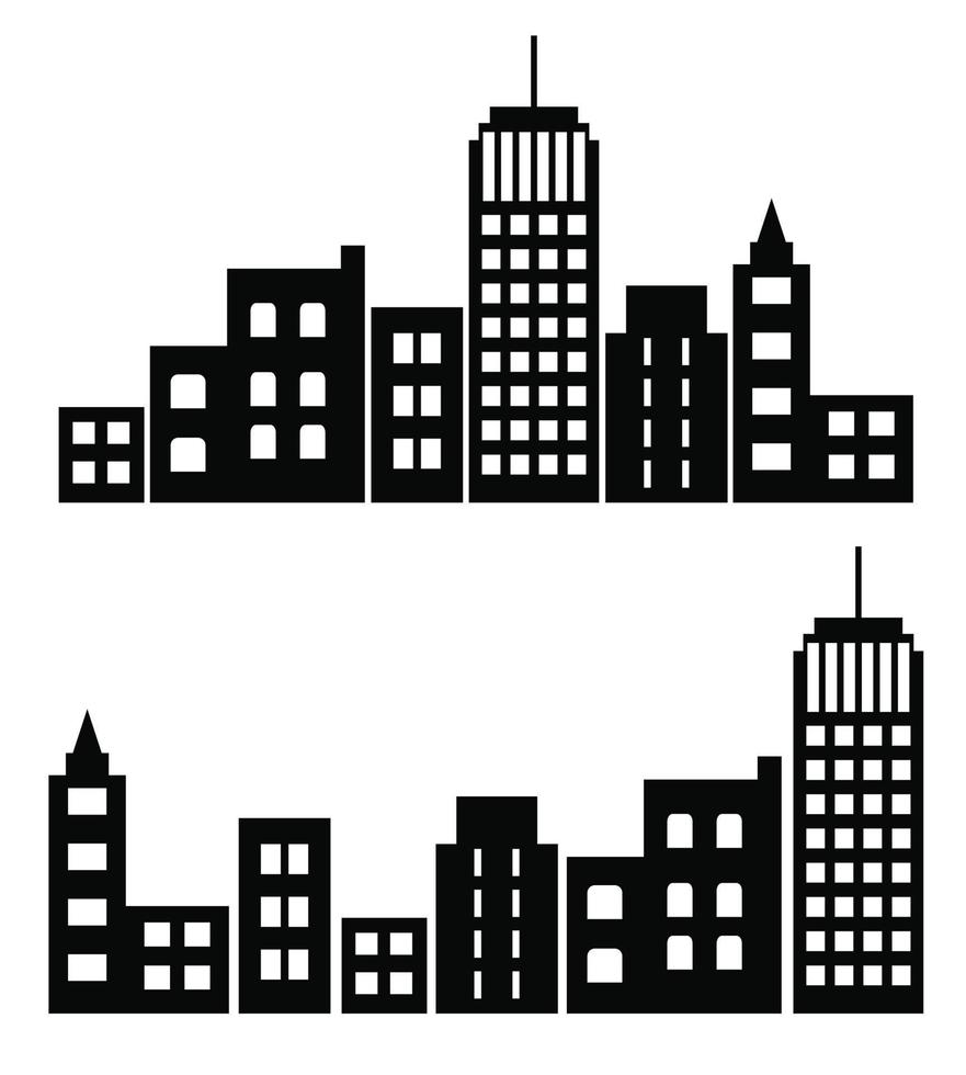 On a white background, a vector set of illustrations of city buildings in silhouettes under various constructions. Skyscraper and low-rise building silhouettes in flat black. Set up architectural