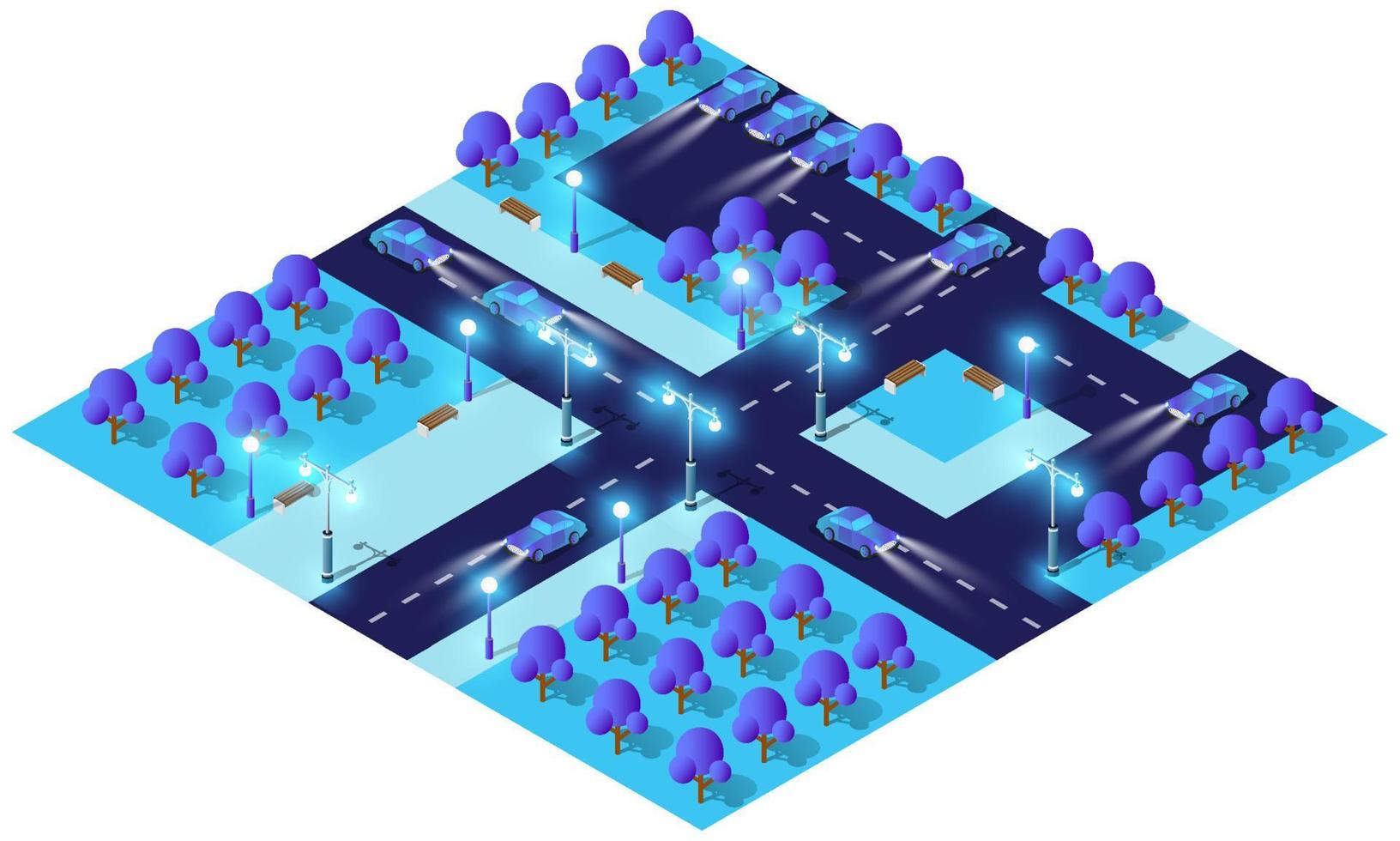 ciudad futuro inteligente urbano isométrica noche luces arquitectura 3d ilustración tecnología ciudad calle con muchas casas en construcción vector