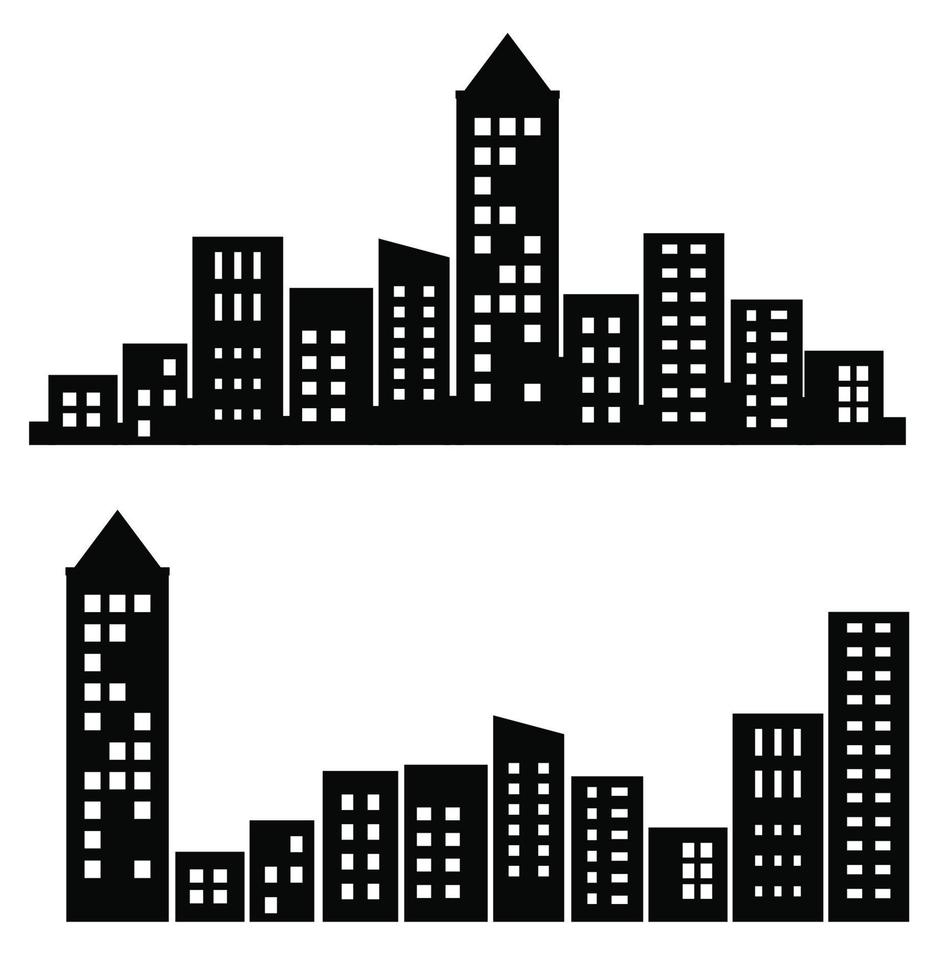 A flat black skyscraper and low-rise building silhouette set of vector illustrations of city buildings in silhouettes under various constructions are used on a white background