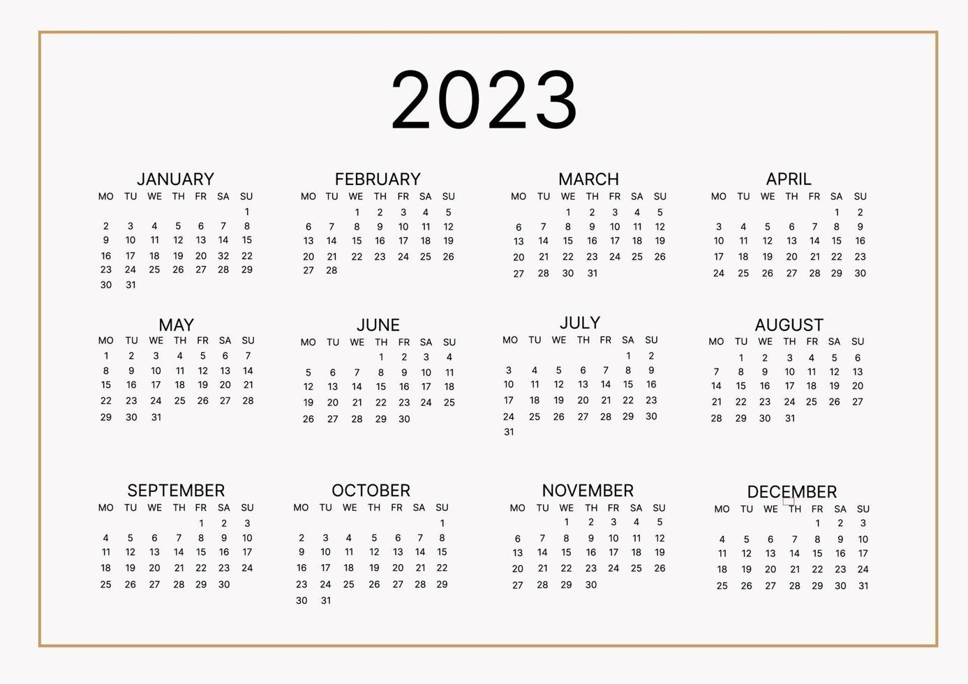 calendario mensual clásico para 2023. un calendario de estilo minimalista de forma cuadrada. plantilla de calendario. vector
