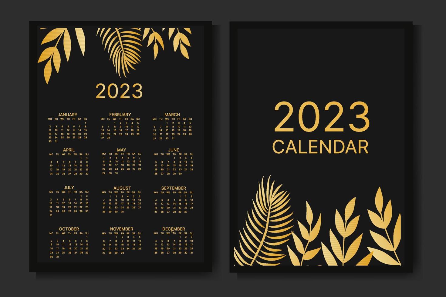 classic monthly calendar for 2023. Calendar with palm leaves, black and gold color. vector