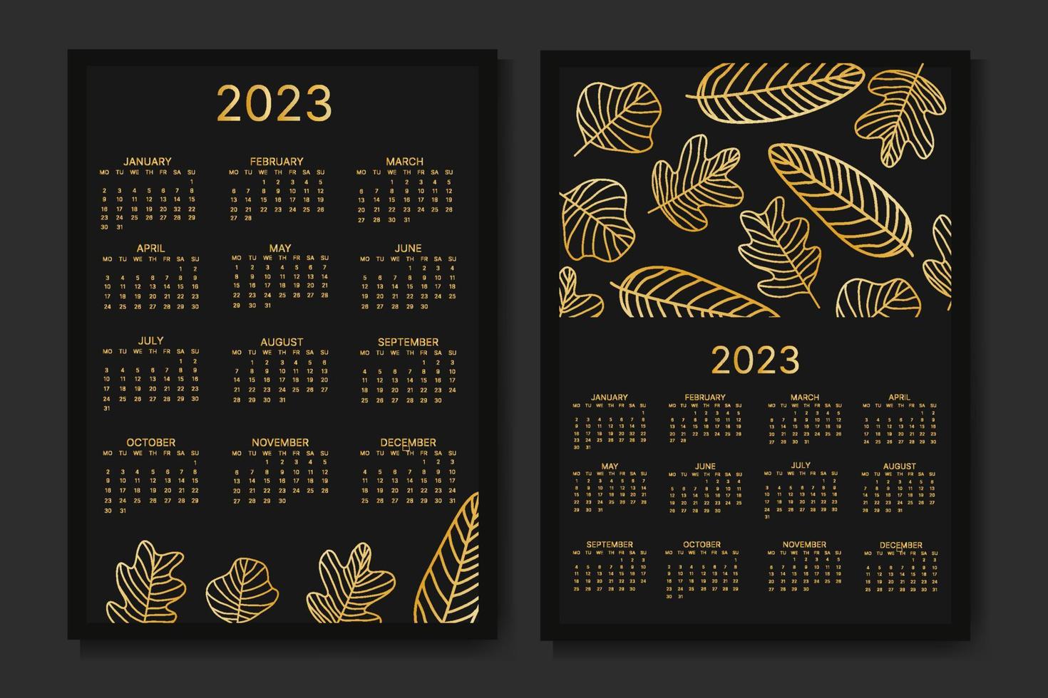 classic monthly calendar for 2023. Calendar with palm leaves, black and gold color. vector