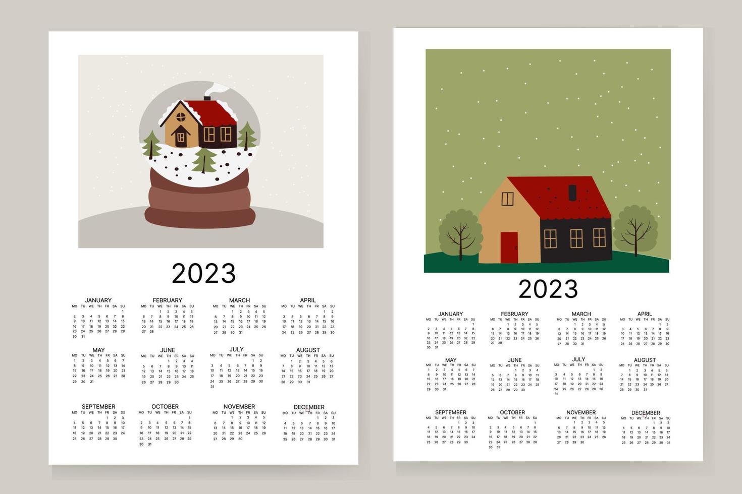 Vector illustration of the calendar year 2023. The week starts on Sunday. Featuring a landscape of a house with trees and a toy globe with a house inside. Vector.