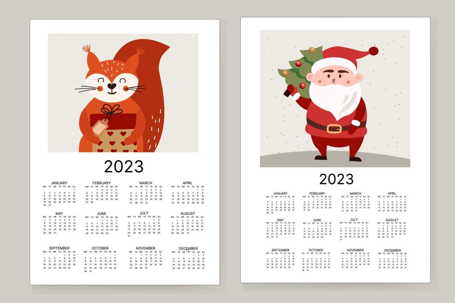 ilustración vectorial del año calendario 2023. la semana comienza el domingo. con una foto de ardillas y santa claus vector