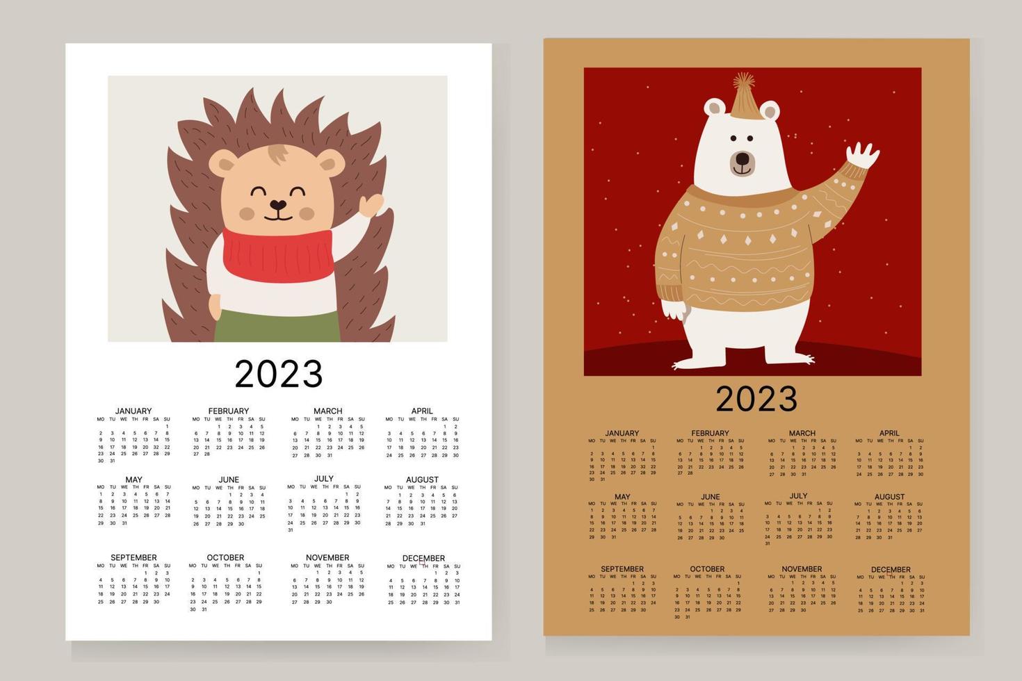 Vector illustration of the calendar year 2023. The week starts on Sunday. With a picture of a bear and a cute hedgehog.