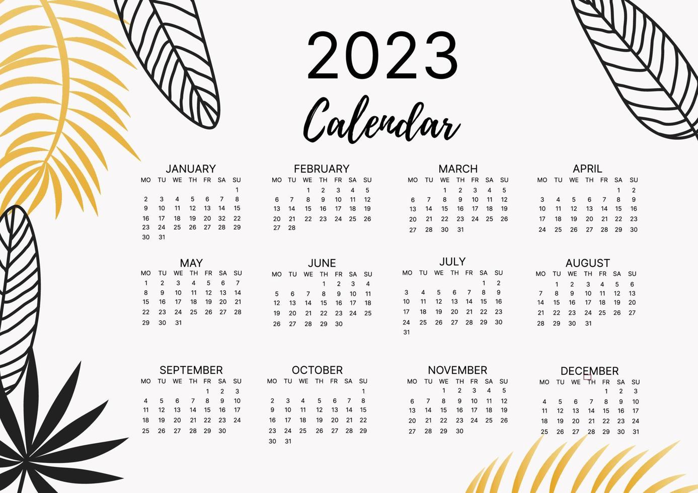 calendario mensual clásico para 2023. calendario con hojas de palma, color blanco y dorado. vector