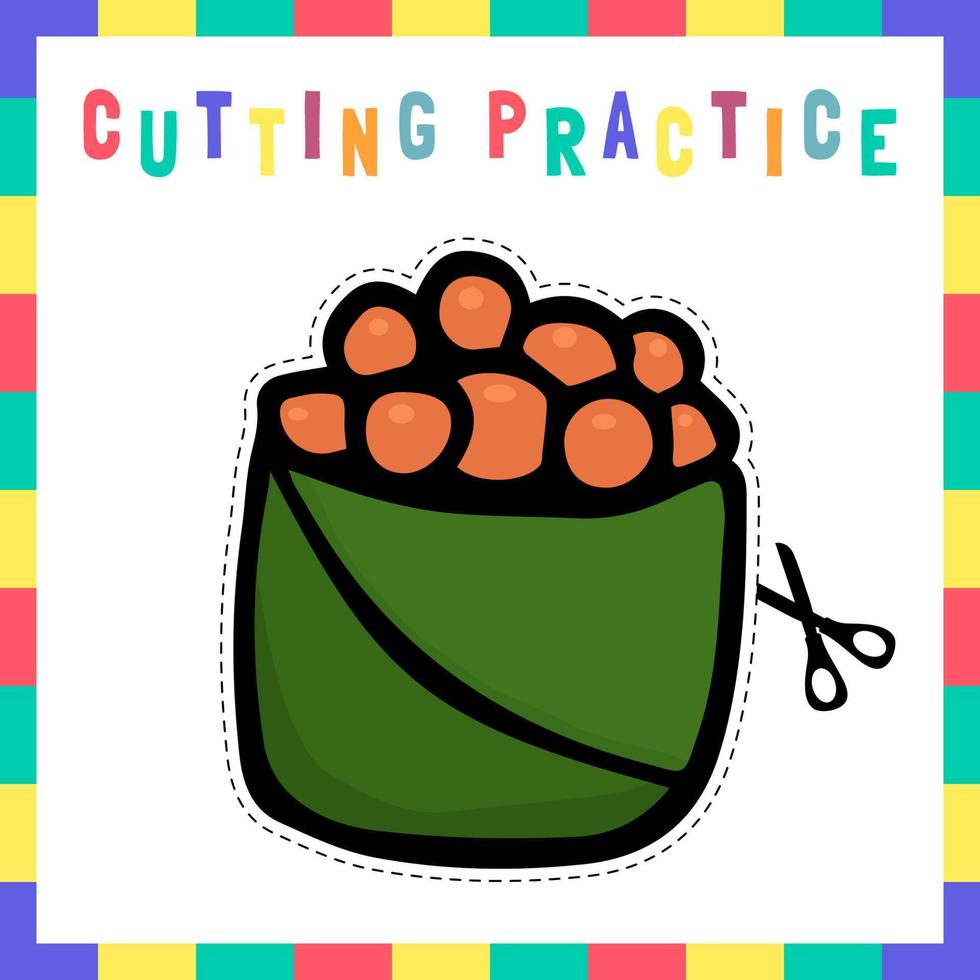 Education games for children cutting practice of cute vector Japanese food printable worksheet