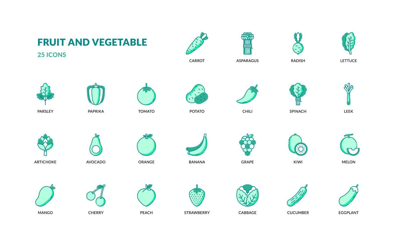 fruit and vegetable grocery vegan veggies grocery food detailed thin line green color icon set. simple vector illustration