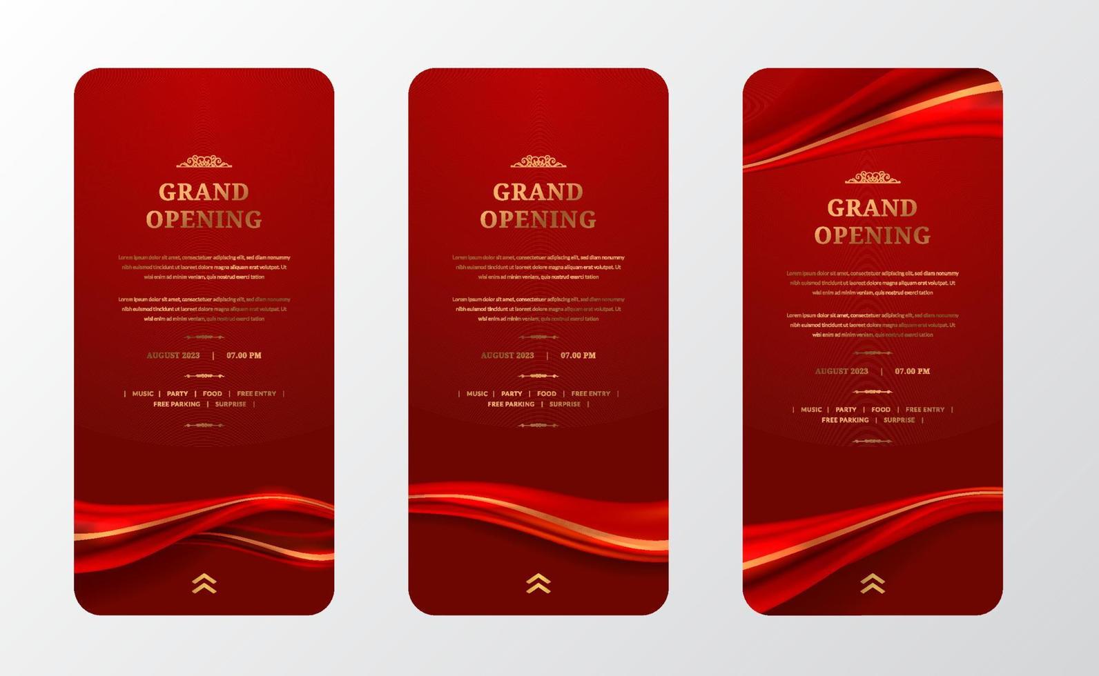 social media stories for grand opening layout announcement with shiny glossy Red satin silk decoration with red background vector