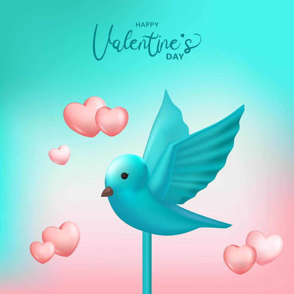 3d lindo pájaro azul cian encantador para el día de san valentín con forma de hogar y fondo de algodón de azúcar vector