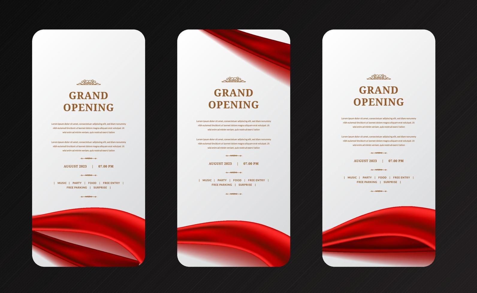 historias de medios sociales para el gran anuncio de diseño de apertura con decoración de seda satinada roja brillante con fondo blanco vector