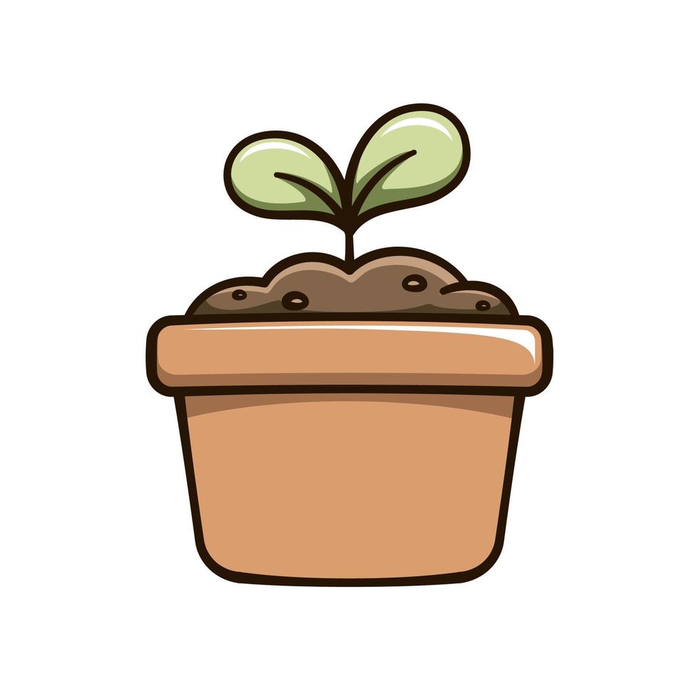 Seedling sprout in a flower pot cute cartoon illustration. Plant growth process cycle. Gardening farming agriculture clipart. vector