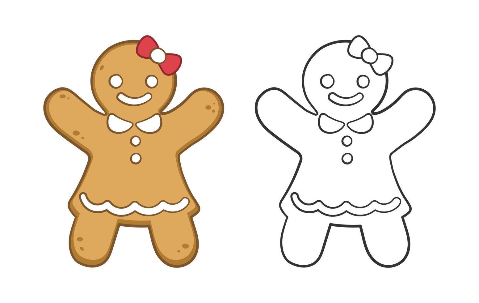 Gingerbread girl cookie outline and colored doodle cartoon illustration set. Winter Christmas food theme coloring book page activity for kids. vector