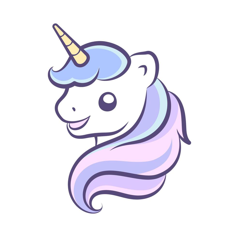 Cute happy unicorn head vector illustration. Mythical creature cartoon design print for kids.