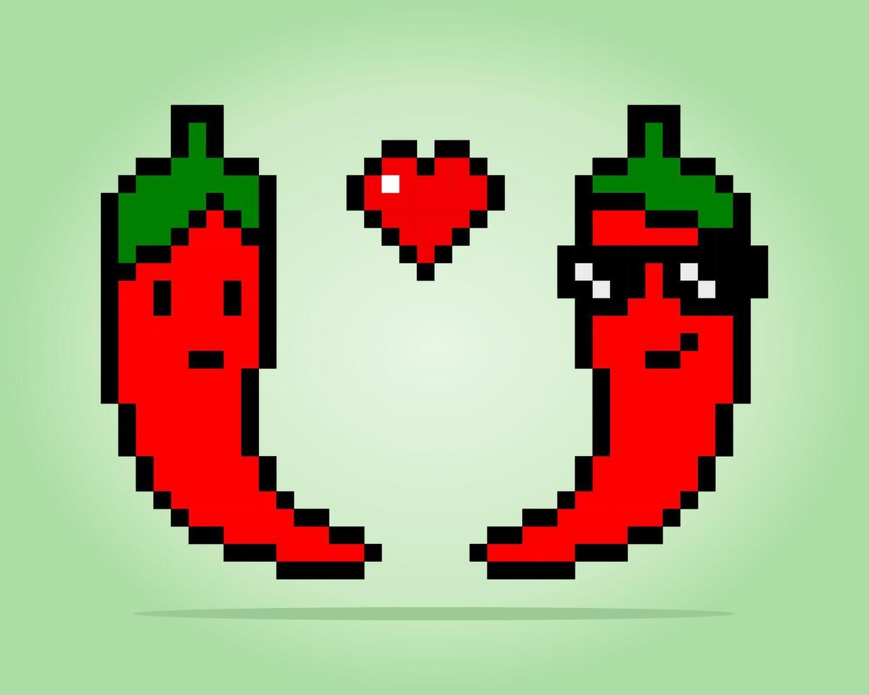 Píxeles de 8 bits, un par de chiles que se enamoran. icono vegetal para activos de juego y patrones de punto de cruz en ilustraciones vectoriales. vector