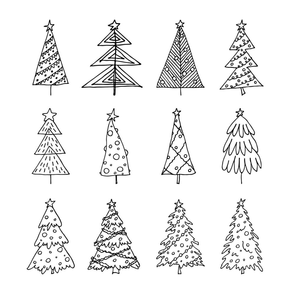 clipart dibujado a mano del árbol de navidad. conjunto de garabatos de abeto. elemento único para tarjeta, impresión, diseño, decoración vector