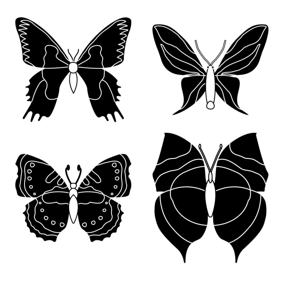 conjunto vectorial de mariposas en un fondo blanco, dibujando insectos decorativos, dibujo a mano de siluetas, vector aislado