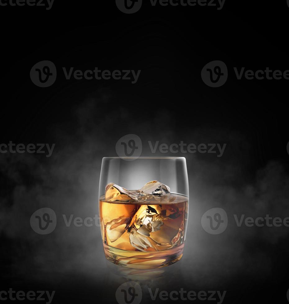 Glass of whiskey on black background with smoke. 3d render photo