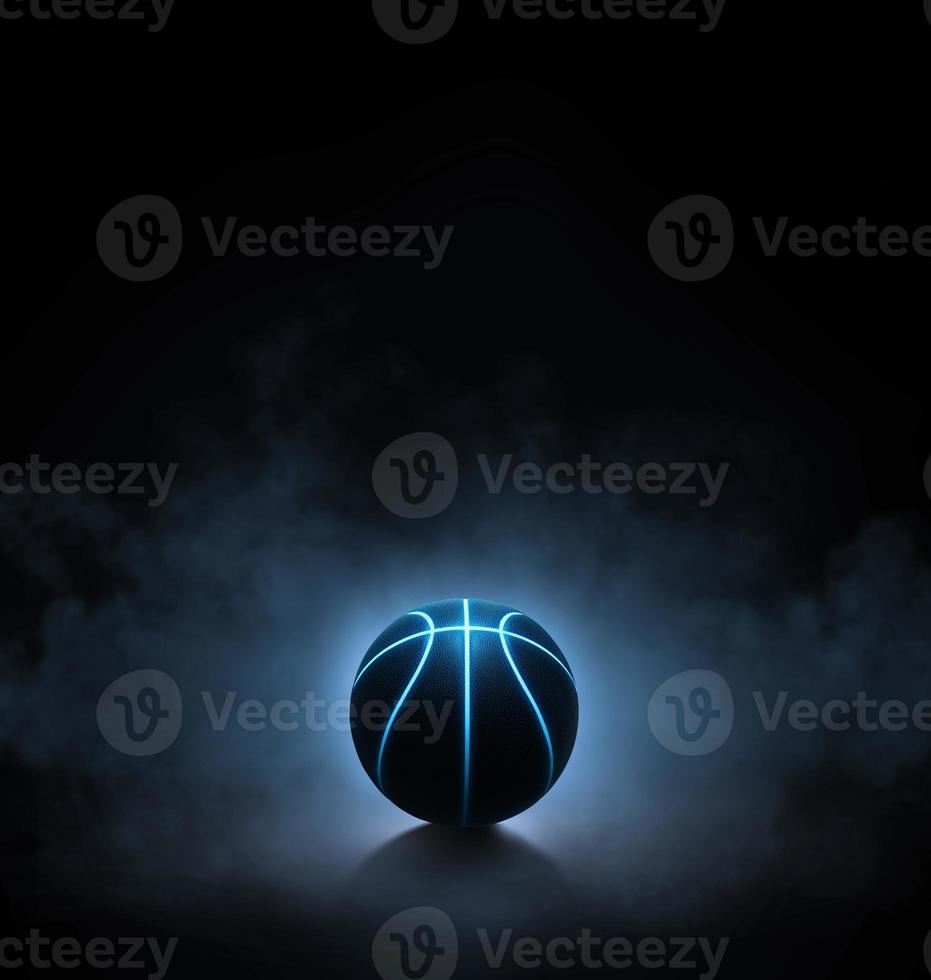 black basketball with bright blue glowing neon lines on black background with smoke. 3d render photo