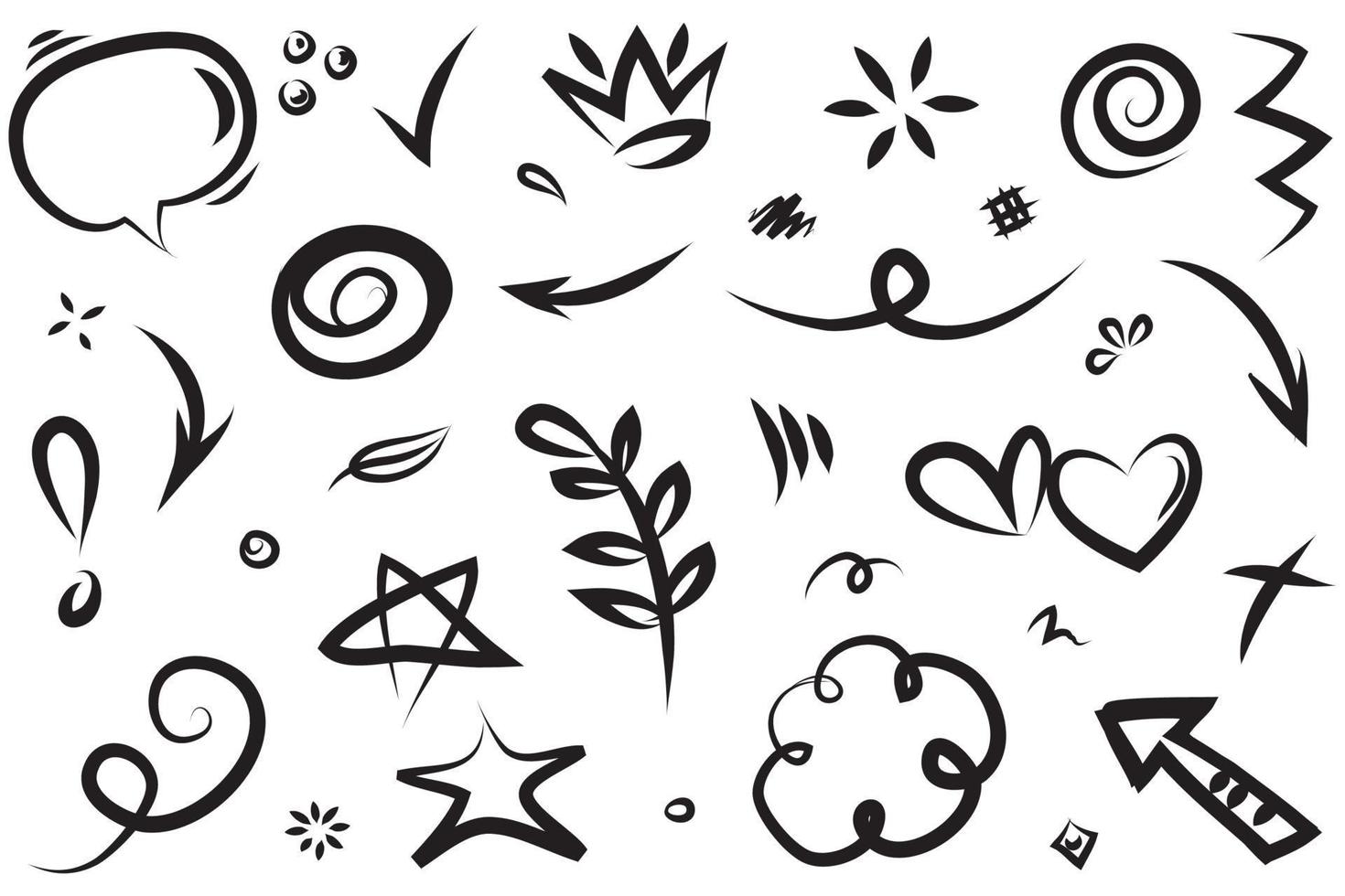 Abstract arrows, ribbons, fireworks, hearts, lightning,love , leaf, stars, cone, crowns and other elements in a hand drawn style for concept designs. Scribble illustration. vector