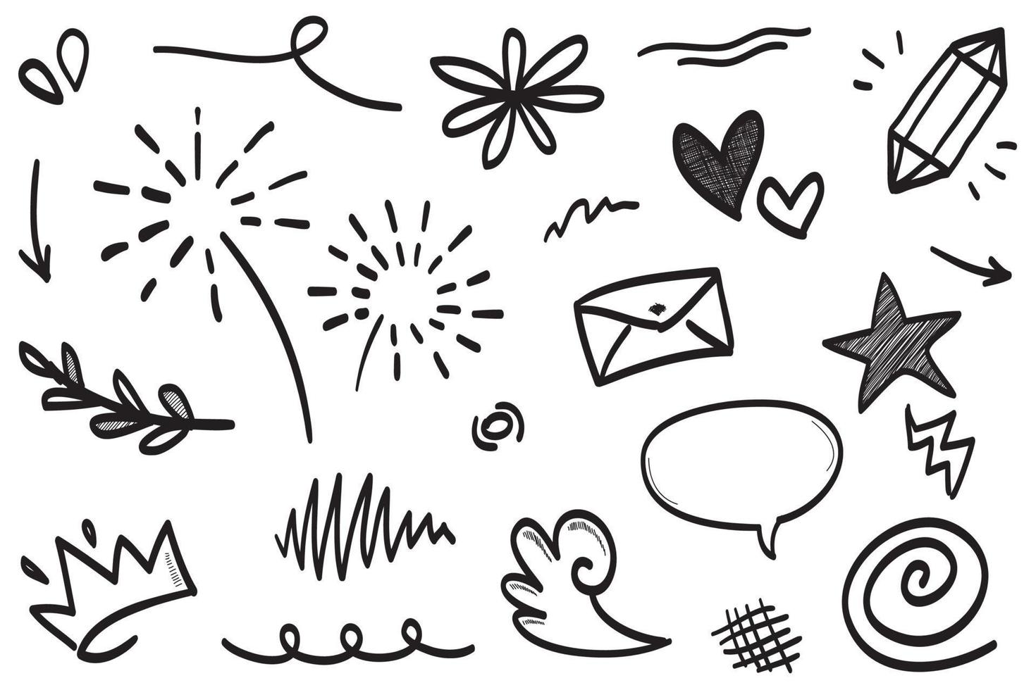 Abstract arrows, ribbons, fireworks, hearts, lightning,love , leaf, stars, cone, crowns and other elements in a hand drawn style for concept designs. Scribble illustration. vector