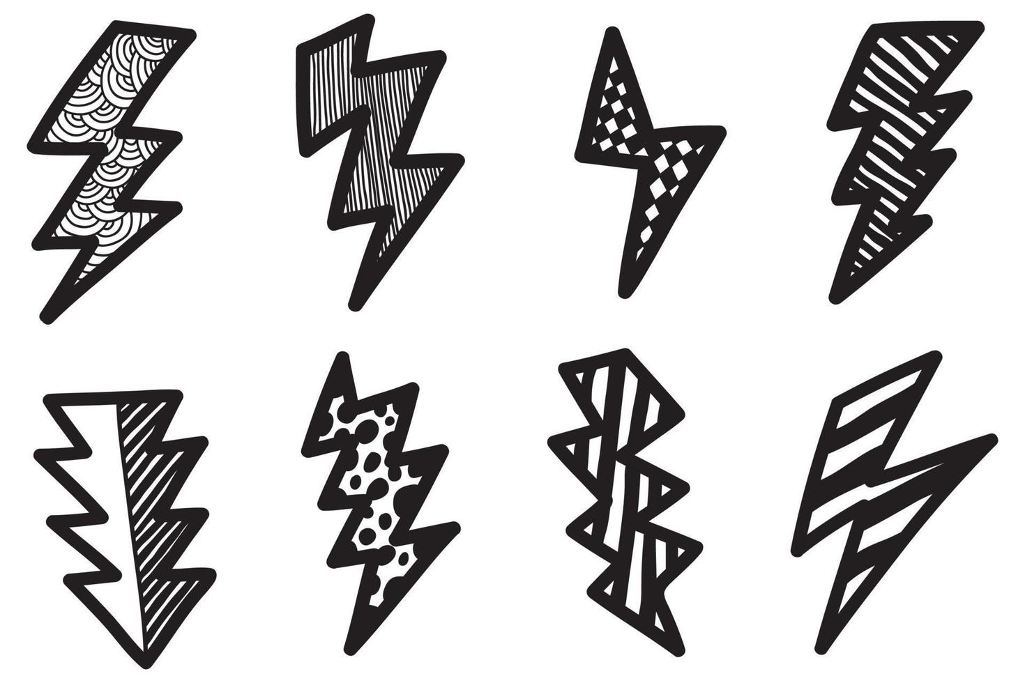 set of hand drawn vector doodle electric lightning bolt symbol sketch illustrations. thunder symbol doodle icon .