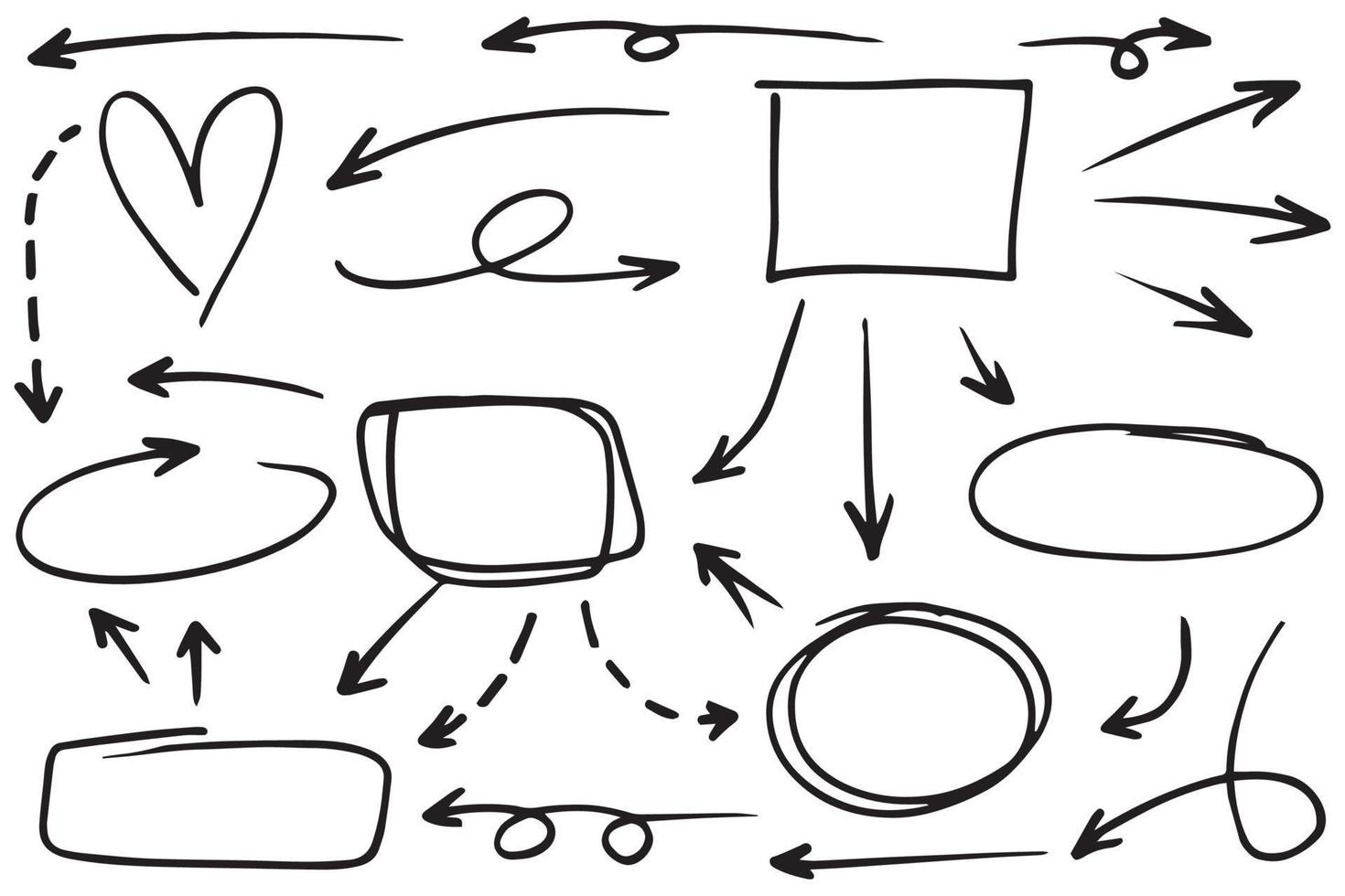 flechas circulares y conjunto de diseño de vectores de escritura de garabatos abstractos