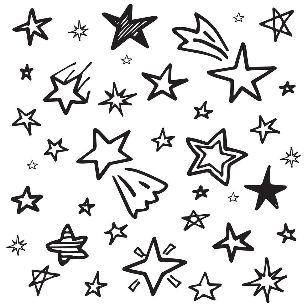 Set of black hand drawn doodle stars in isolated on white background. vector