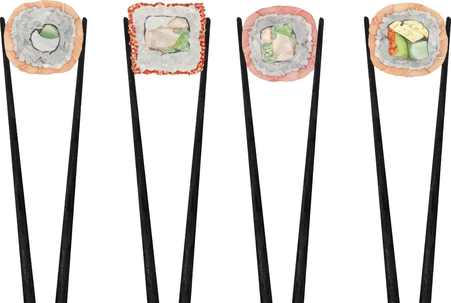 Watercolor maki sushi and roll with salmon, cucumber and tamago vector