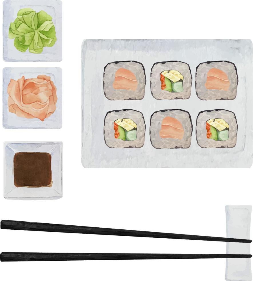 Watercolor sushi set with salmon uramaki, wasabi and ginger with vector