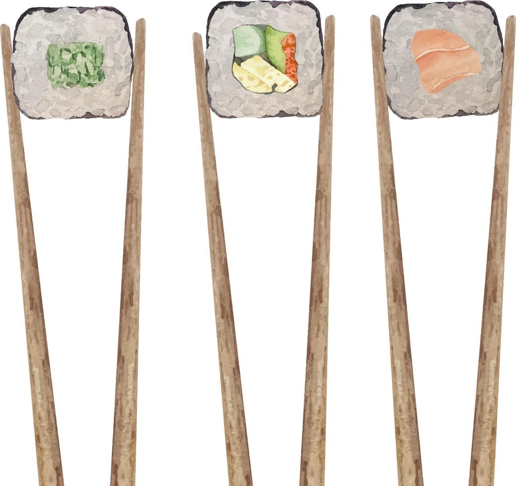 acuarela maki sushi y rollo con salmón, pepino y tamago vector